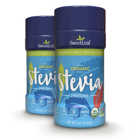 SweetLeaf Organic Stevia Powder Shaker Jar front view showing compact design and zero-calorie sweetness