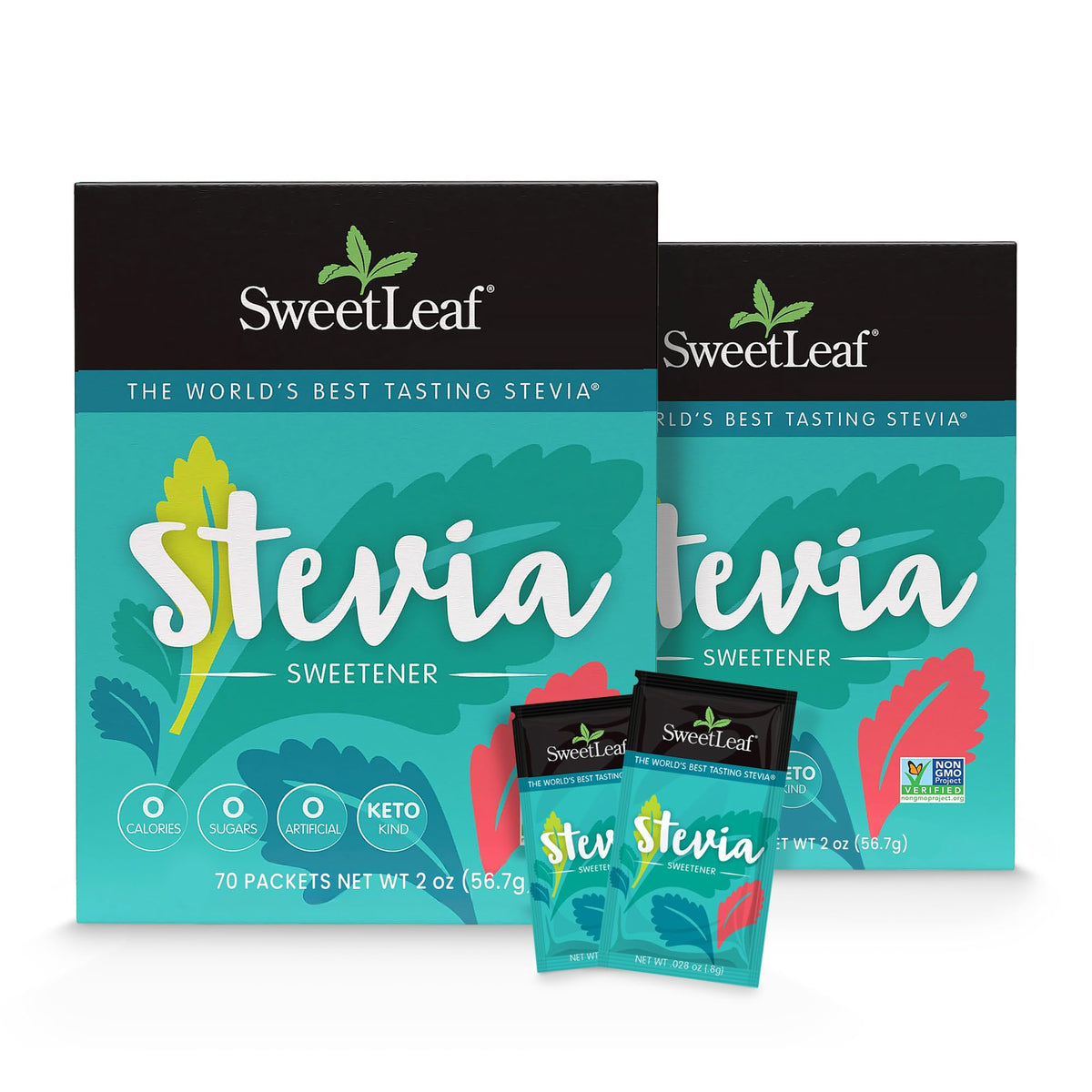 SweetLeaf Stevia Packets close-up showing zero-calorie sweetness for drinks.