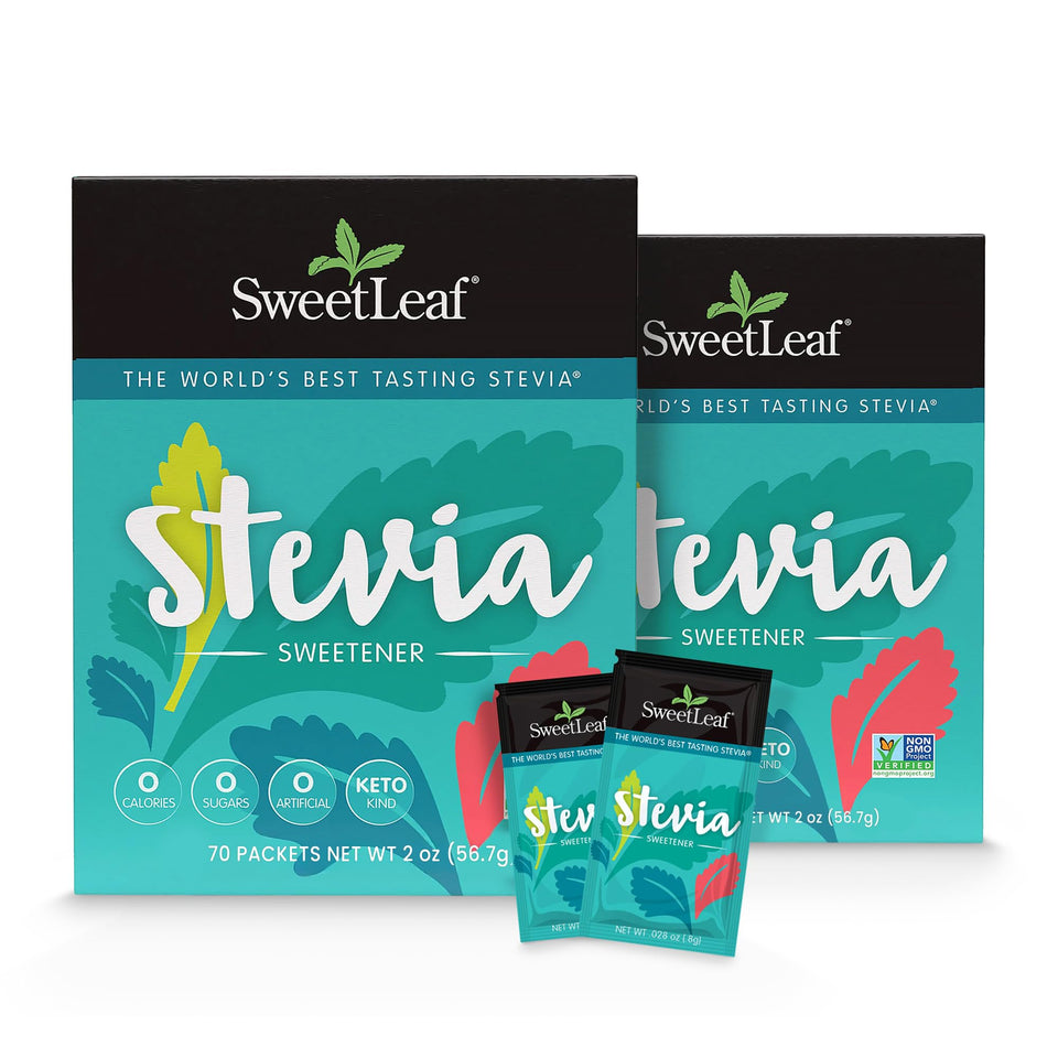 SweetLeaf Stevia Packets close-up showing zero-calorie sweetness for drinks.