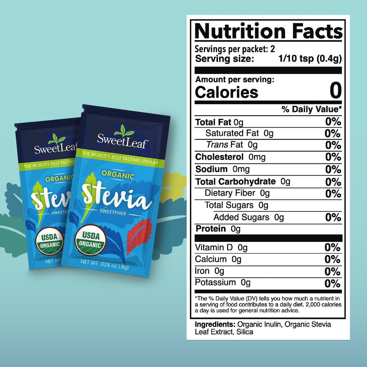 SweetLeaf stevia packets with a measuring spoon enable precise on-the-go sweetness.