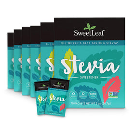 SweetLeaf Stevia packets on table offer zero-calorie sweetness for beverages.