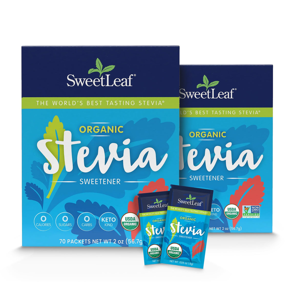 SweetLeaf stevia packets in organic packaging provide calorie-free sweetness.