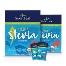 SweetLeaf stevia packets in organic packaging provide calorie-free sweetness.
