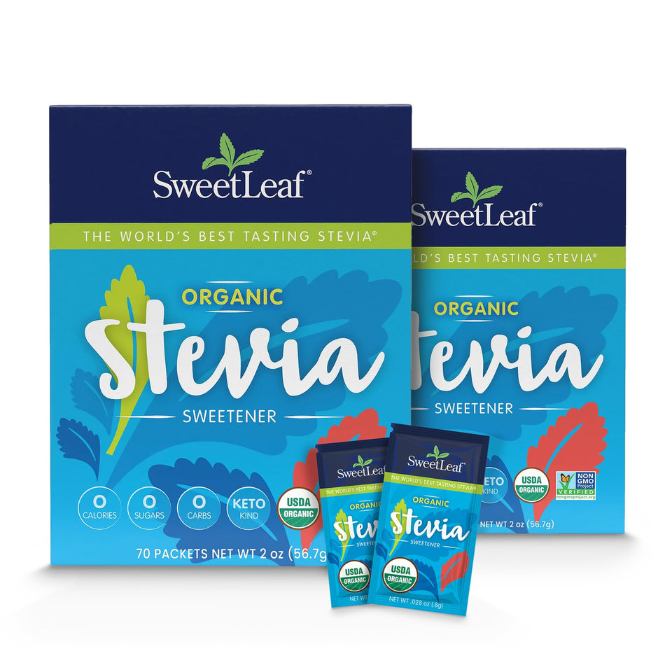 SweetLeaf stevia packets in organic packaging provide calorie-free sweetness.