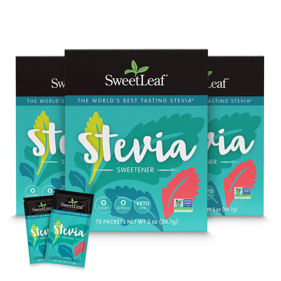 SweetLeaf Stevia packets in packaging showing zero-calorie sweetness.