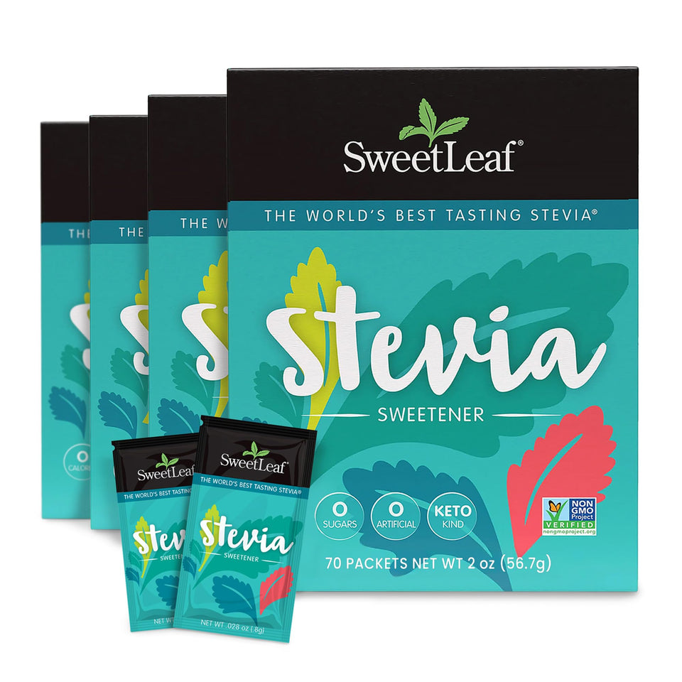 SweetLeaf Stevia Packets packaging displayed for easy, zero-calorie sweetness.