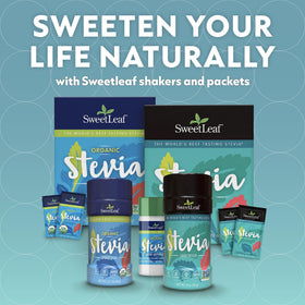 SweetLeaf stevia powder shaker with built-in scoop for precise measuring