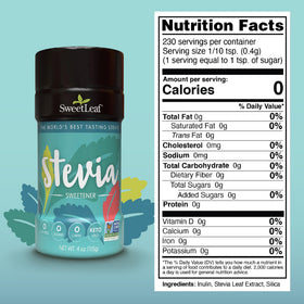 SweetLeaf Stevia powder shaker jar on kitchen counter