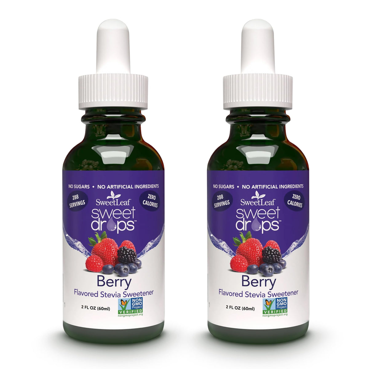 SweetLeaf Sweet Drops Berry bottle on shelf for zero-calorie flavor enhancement.