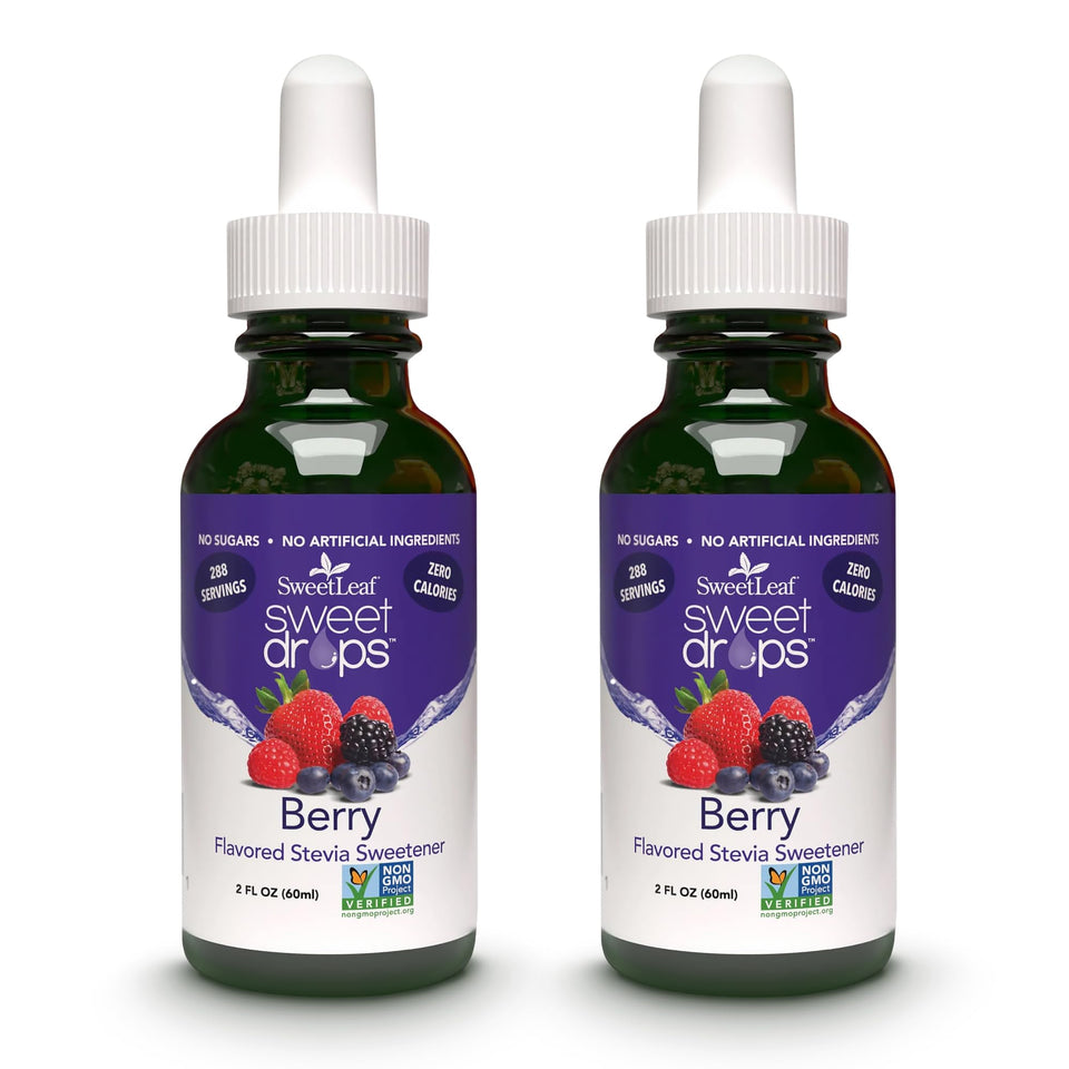 SweetLeaf Sweet Drops Berry bottle shows zero-calorie flavor for everyday drinks.