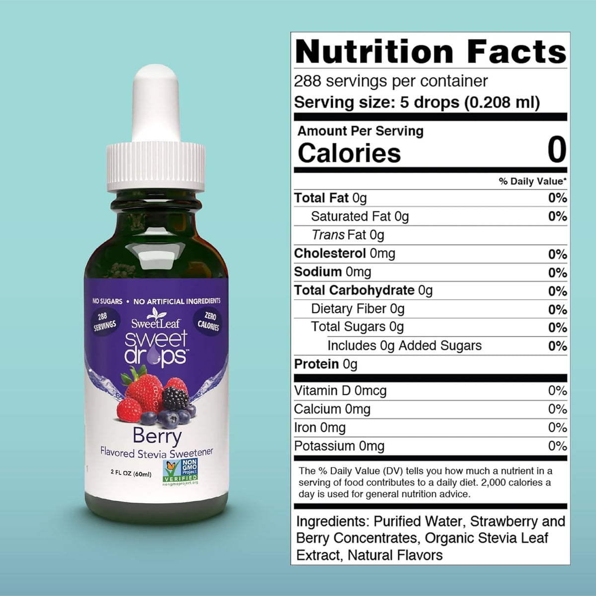 SweetLeaf Sweet Drops Berry pour flavors beverages with zero calories.