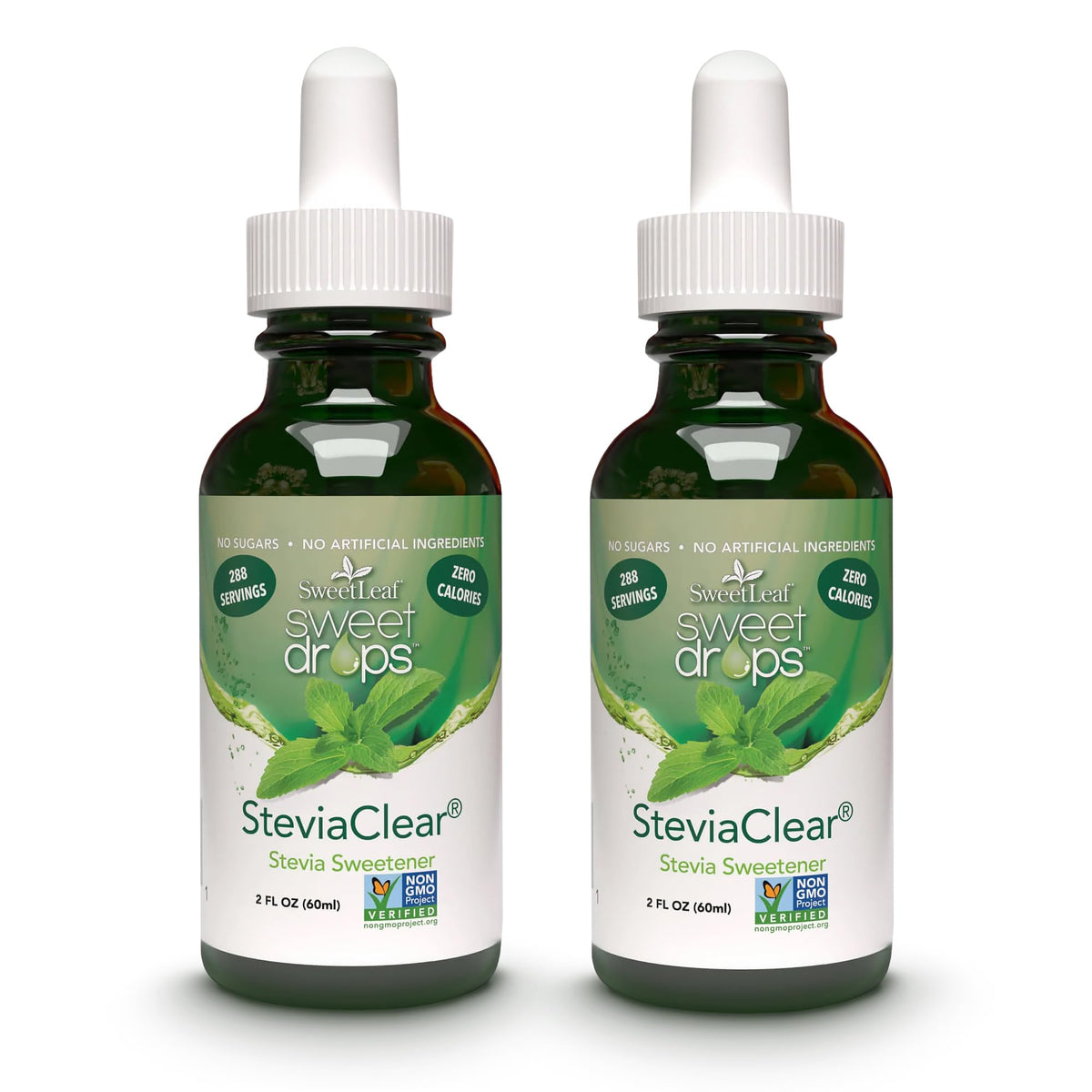 SweetLeaf Sweet Drops bottle 2oz on the counter, zero-calorie sweetness for daily drinks.