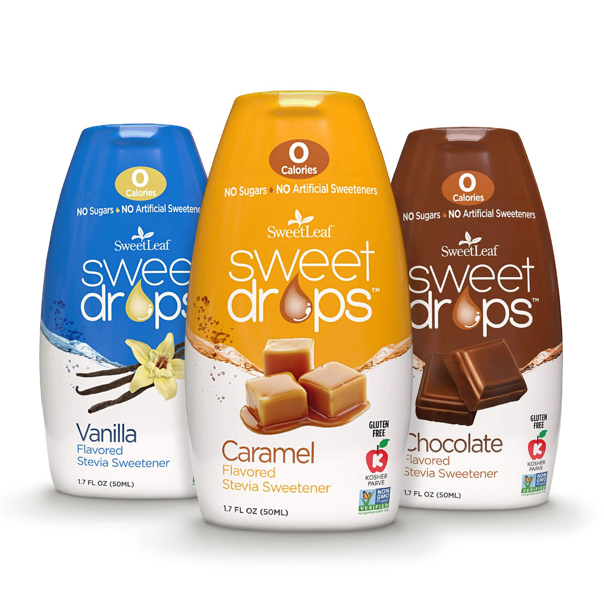 SweetLeaf Sweet Drops bottle front view, zero-calorie flavor in coffee.