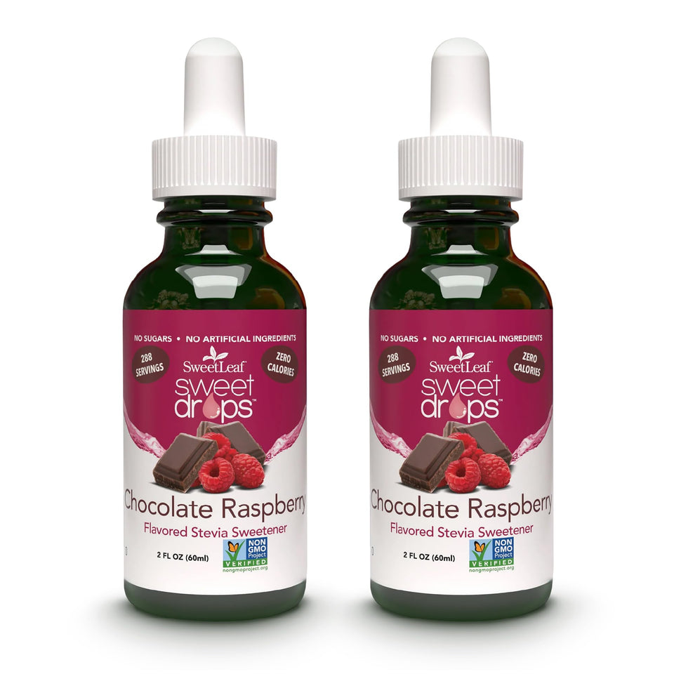 SweetLeaf Sweet Drops chocolate raspberry bottle pours zero-calorie flavor
