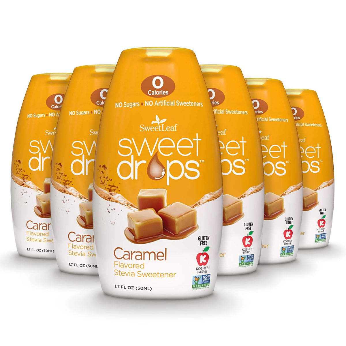 SweetLeaf Sweet Drops caramel bottle front showing zero-calorie flavor.