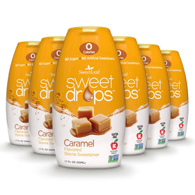 SweetLeaf Sweet Drops caramel bottle front showing zero-calorie flavor.