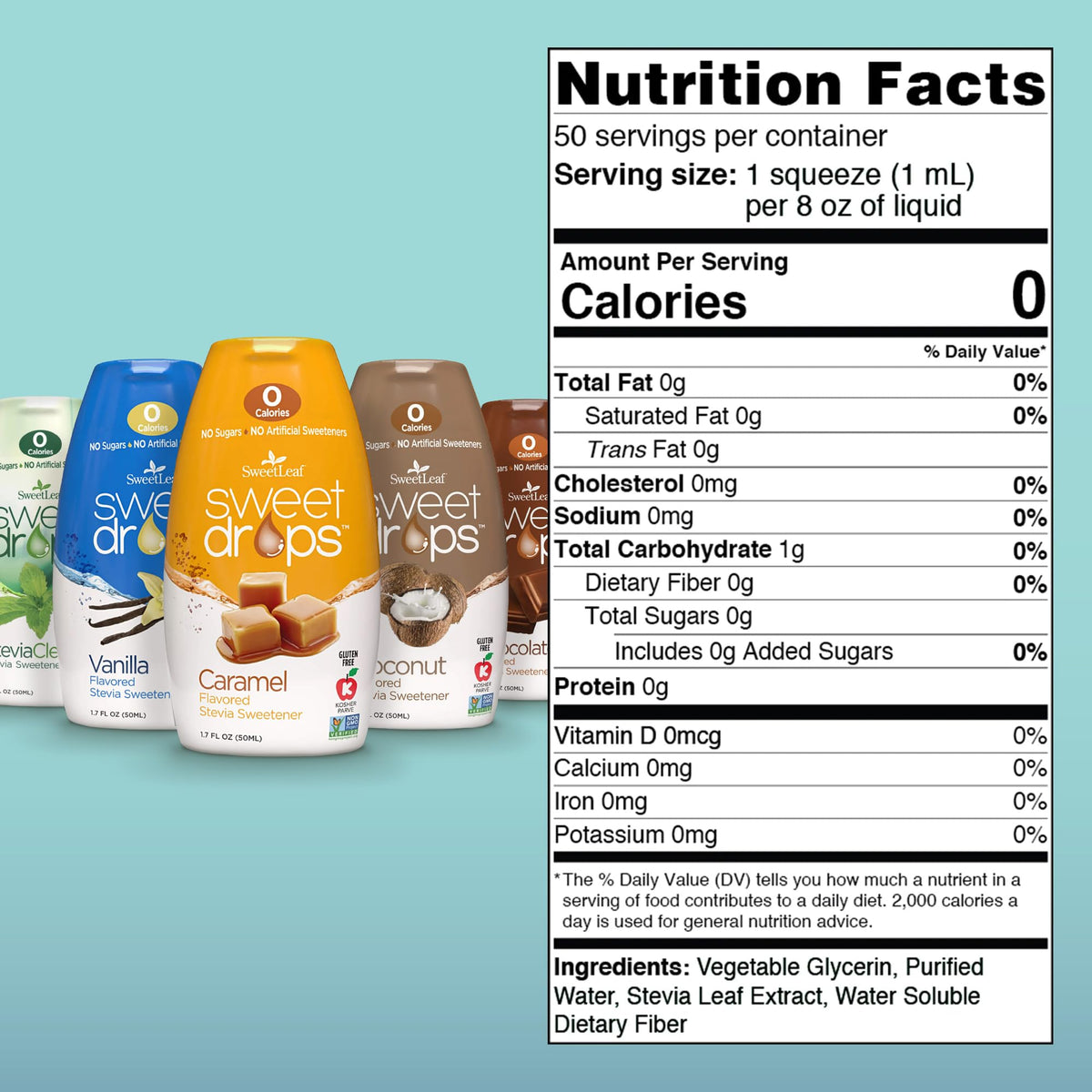 SweetLeaf Sweet Drops caramel bottle pour delivers rich flavor with no sugar.