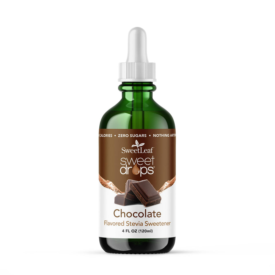 SweetLeaf Sweet Drops chocolate bottle pour for zero-calorie flavoring in beverages.