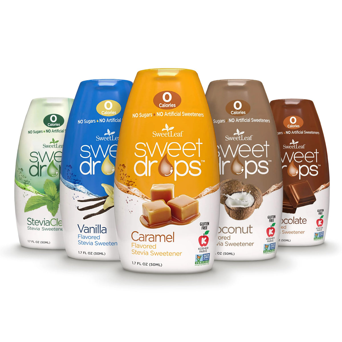 SweetLeaf Sweet Drops chocolate bottle pour adds zero-calorie flavoring to beverages and treats.