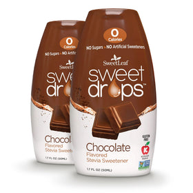 SweetLeaf Sweet Drops Chocolate bottle showing zero-calorie flavor in a compact 1.7 oz design