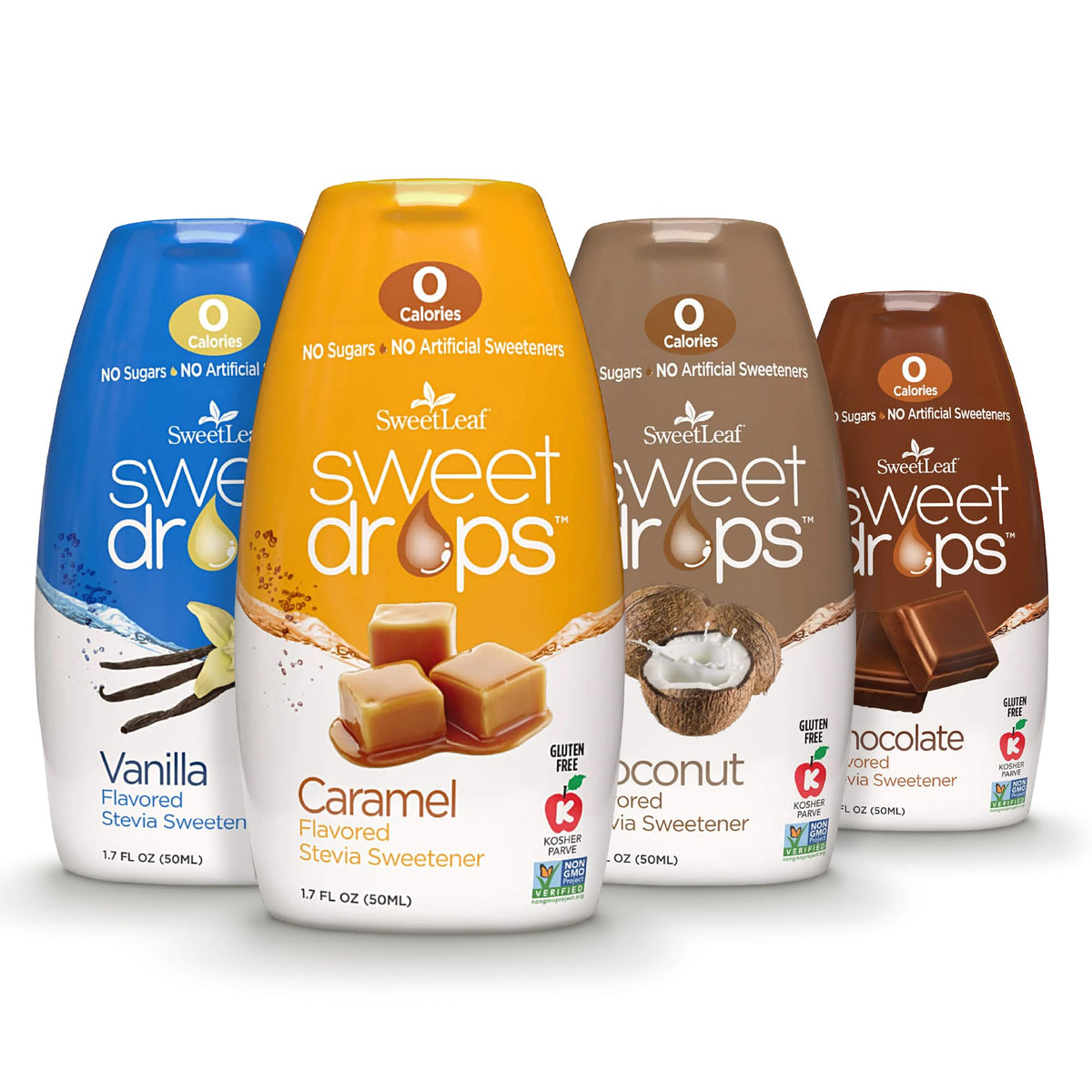 SweetLeaf Sweet Drops chocolate bottle shows zero-calorie flavor for coffee and desserts