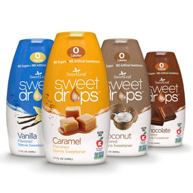 SweetLeaf Sweet Drops chocolate bottle shows zero-calorie flavor for coffee and desserts