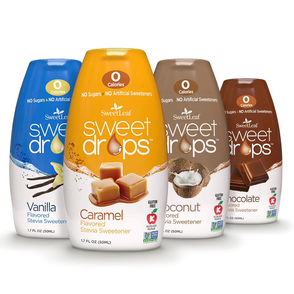 SweetLeaf Sweet Drops chocolate bottle shows zero-calorie flavor for coffee and desserts