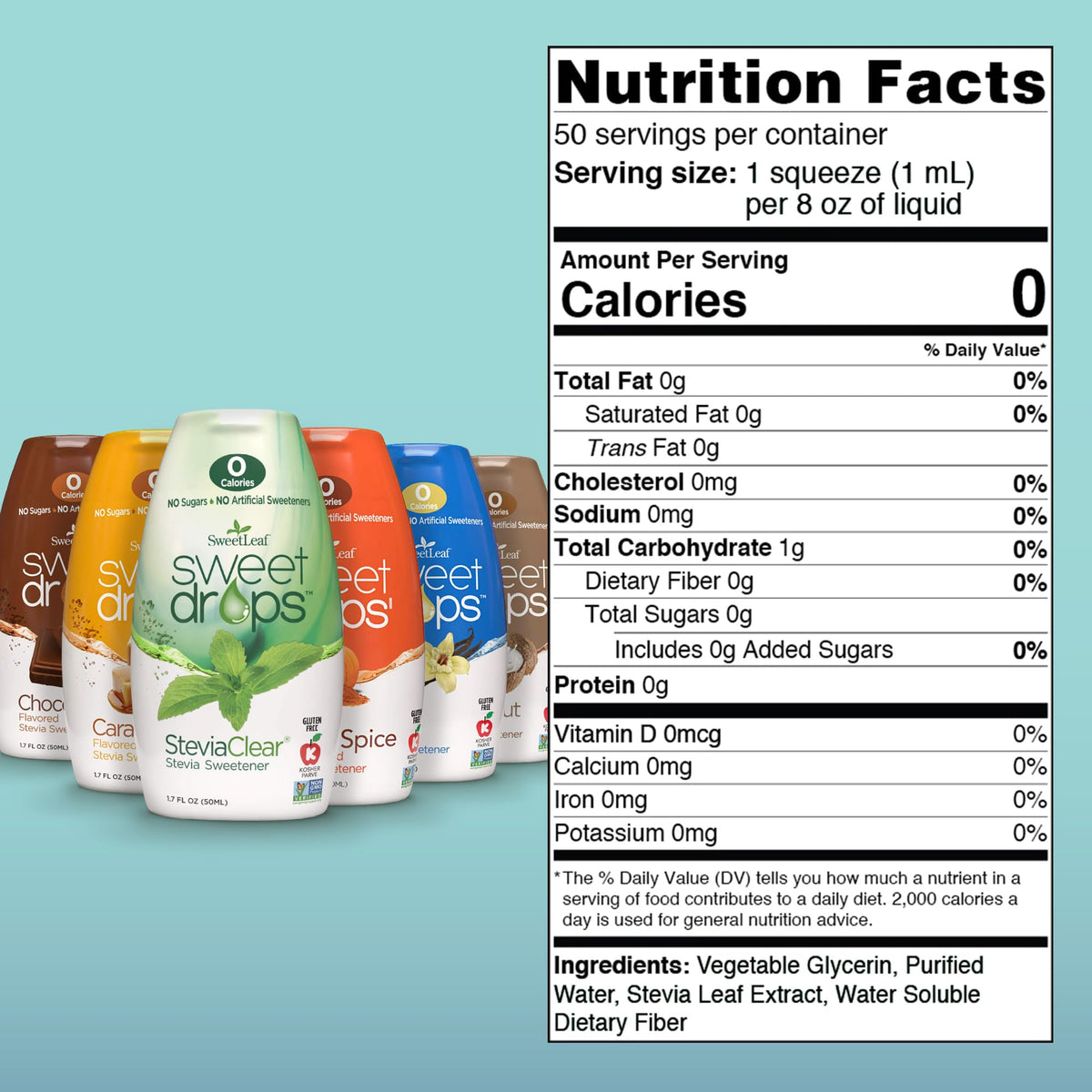 SweetLeaf chocolate flavor bottle delivers rich cocoa sweetness without calories.