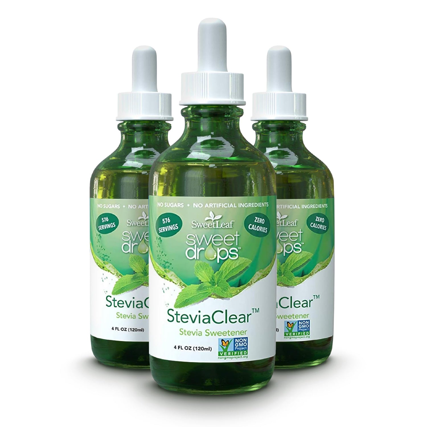 SweetLeaf Sweet Drops bottle close-up showing zero-calorie sweetness for beverages.