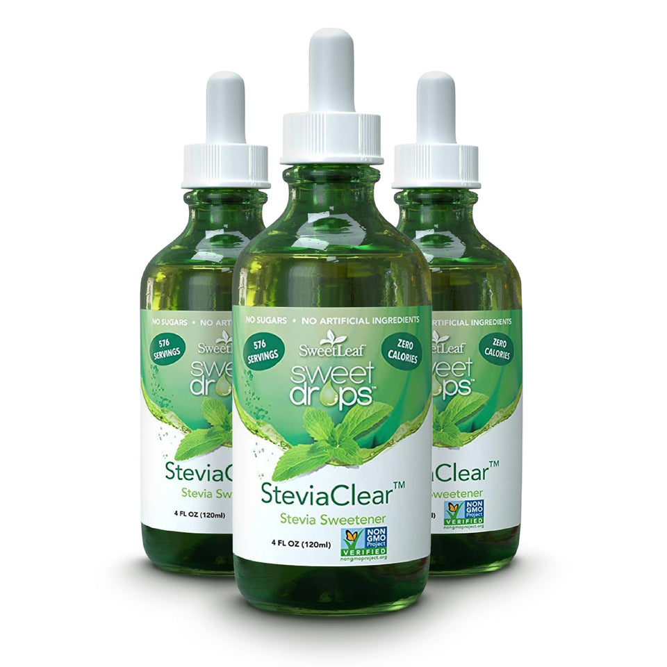 SweetLeaf Sweet Drops bottle close-up showing zero-calorie sweetness for beverages.