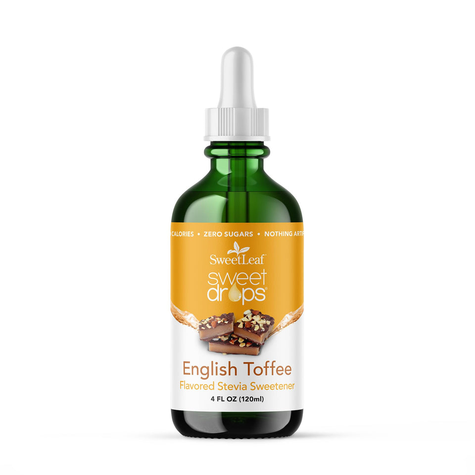 SweetLeaf Sweet Drops English Toffee bottle adding zero-calorie flavor to beverages