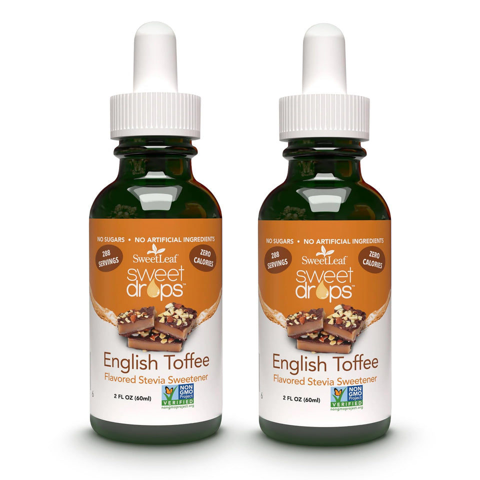 SweetLeaf Sweet Drops English Toffee bottle shows zero-calorie sweetness for everyday drinks.