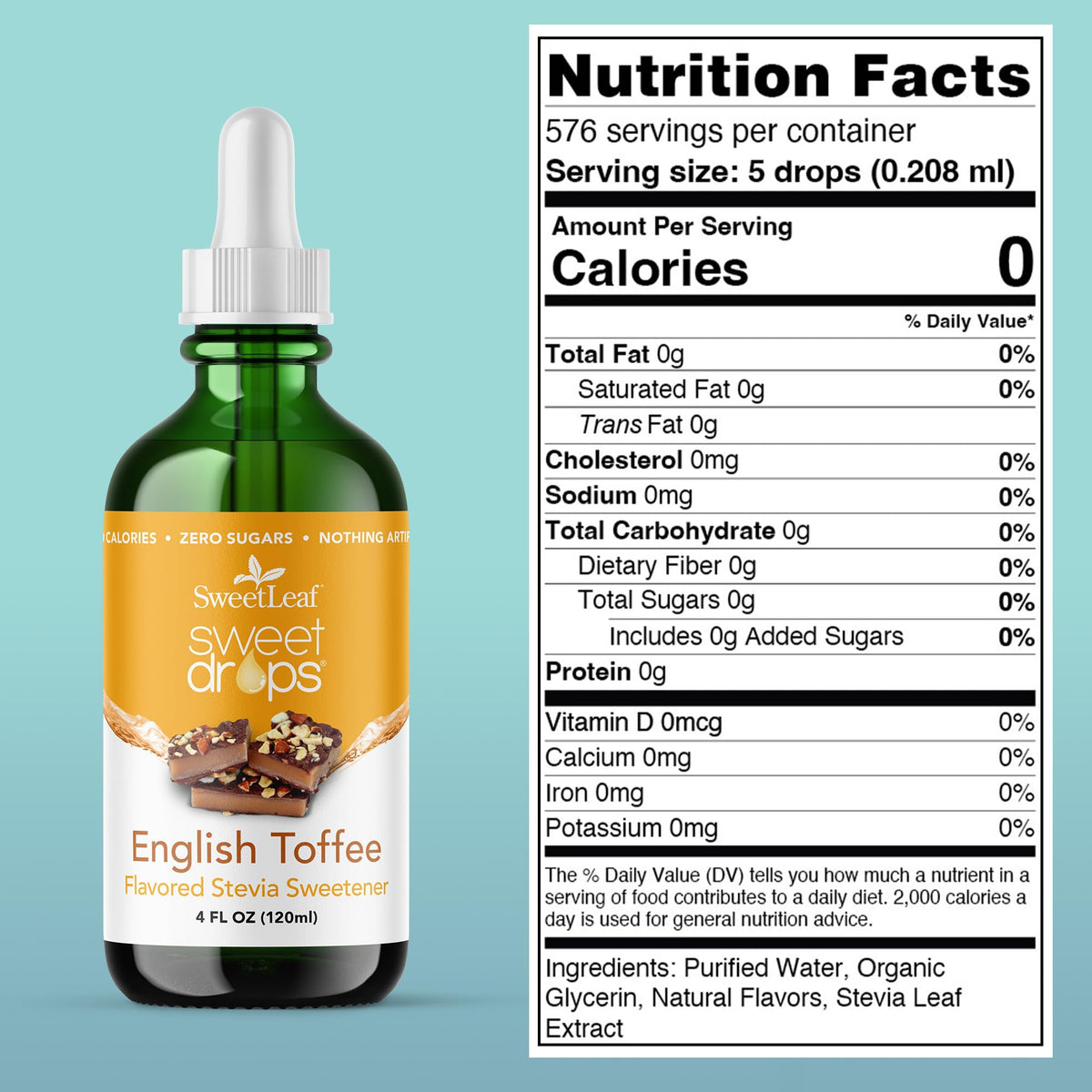 Pouring SweetLeaf Sweet Drops English Toffee to show portable zero-calorie sweetness
