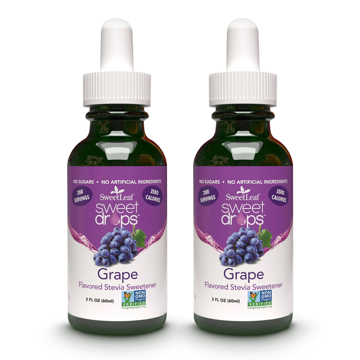 SweetLeaf Sweet Drops grape bottle shows zero calories and natural flavor.