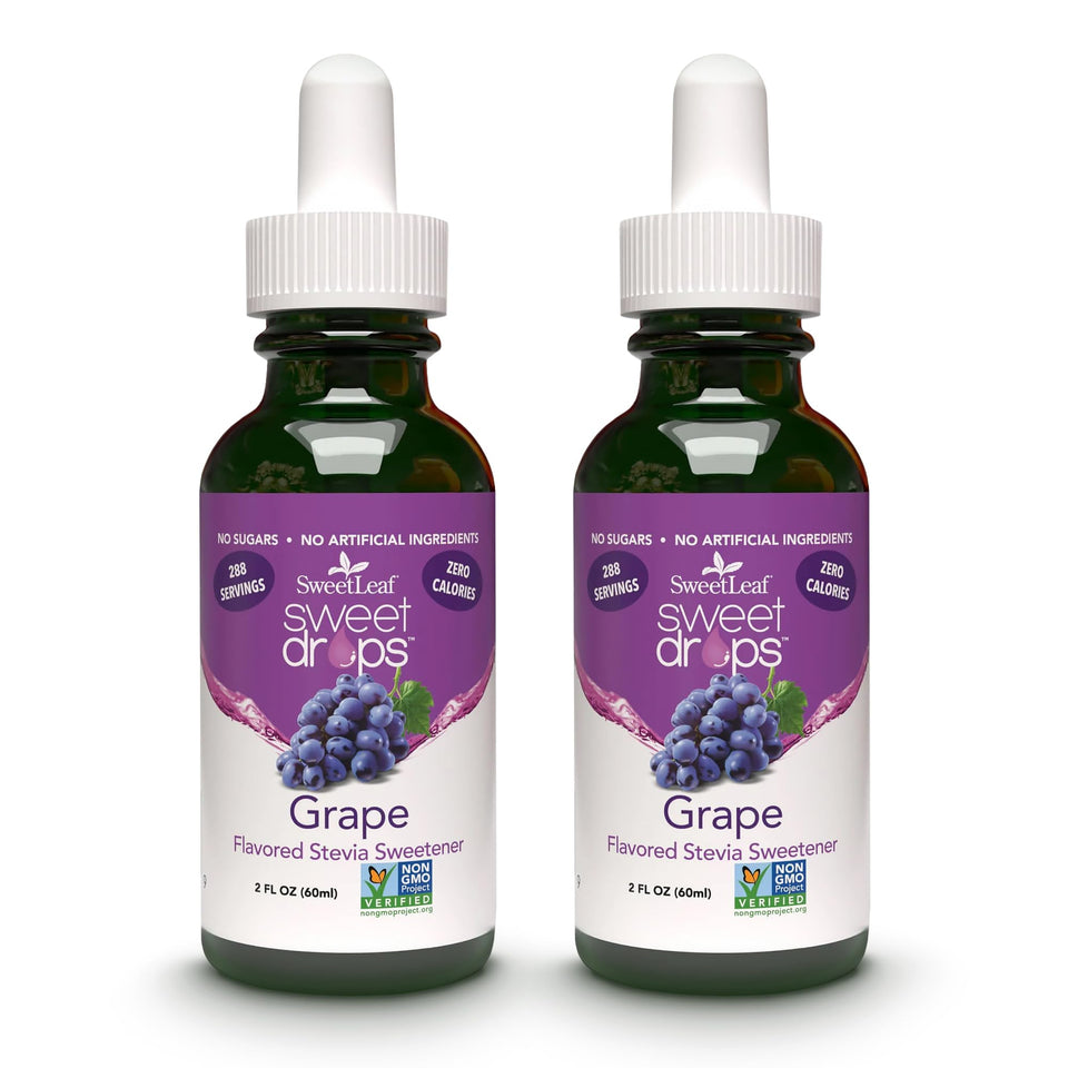 SweetLeaf Sweet Drops grape bottle shows zero calories and natural flavor.