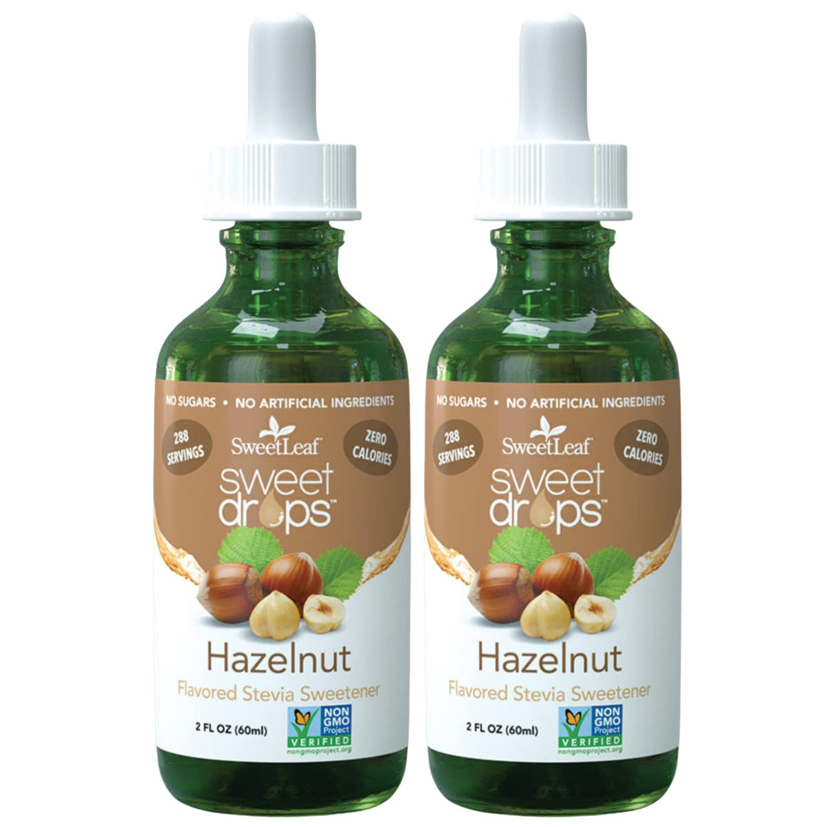 SweetLeaf Sweet Drops Hazelnut bottle front as zero-calorie flavor enhancer.