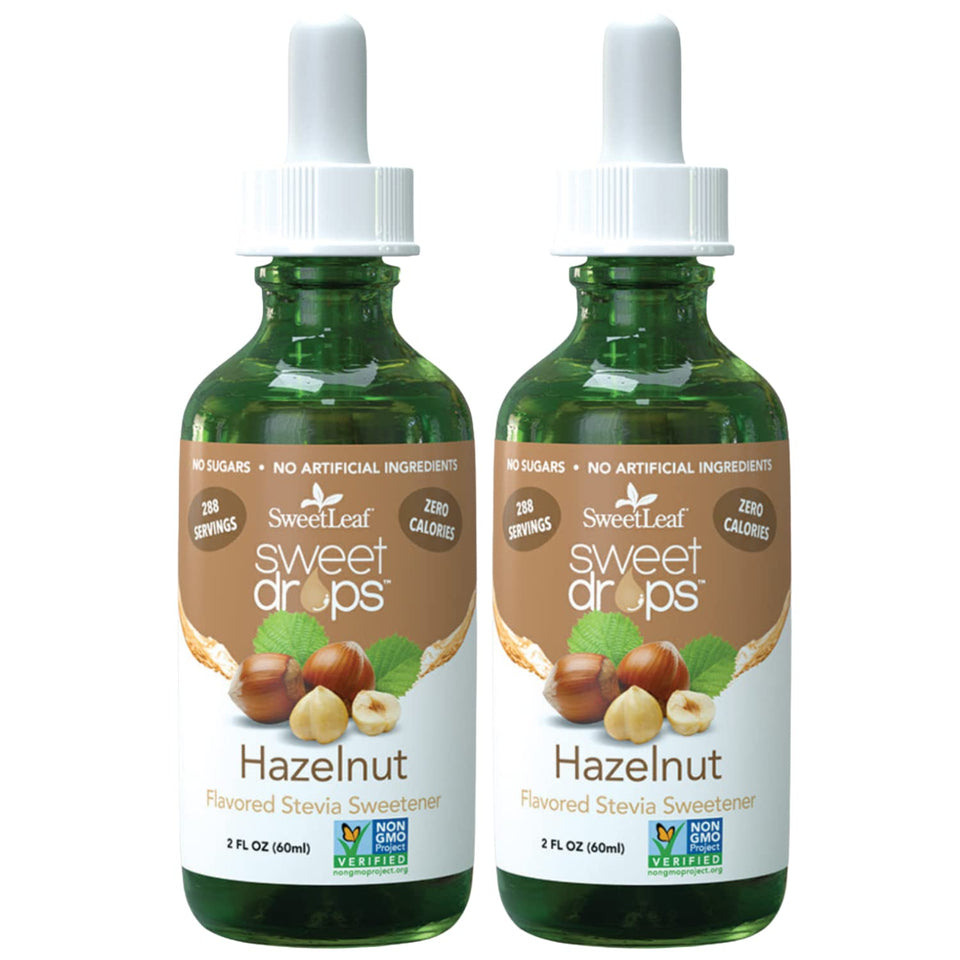 SweetLeaf Sweet Drops Hazelnut bottle front as zero-calorie flavor enhancer.