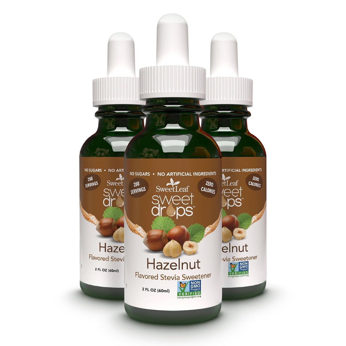 SweetLeaf Hazelnut Sweet Drops bottle showing zero-calorie flavoring in a glass bottle