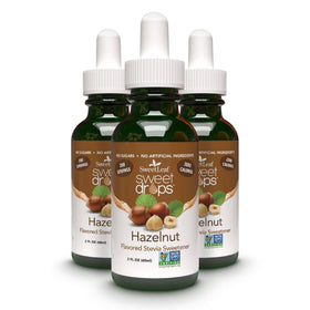 SweetLeaf Hazelnut Sweet Drops bottle showing zero-calorie flavoring in a glass bottle