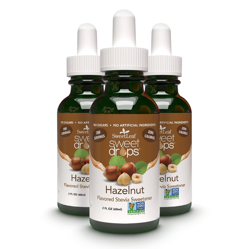 SweetLeaf Hazelnut Sweet Drops bottle showing zero-calorie flavoring in a glass bottle