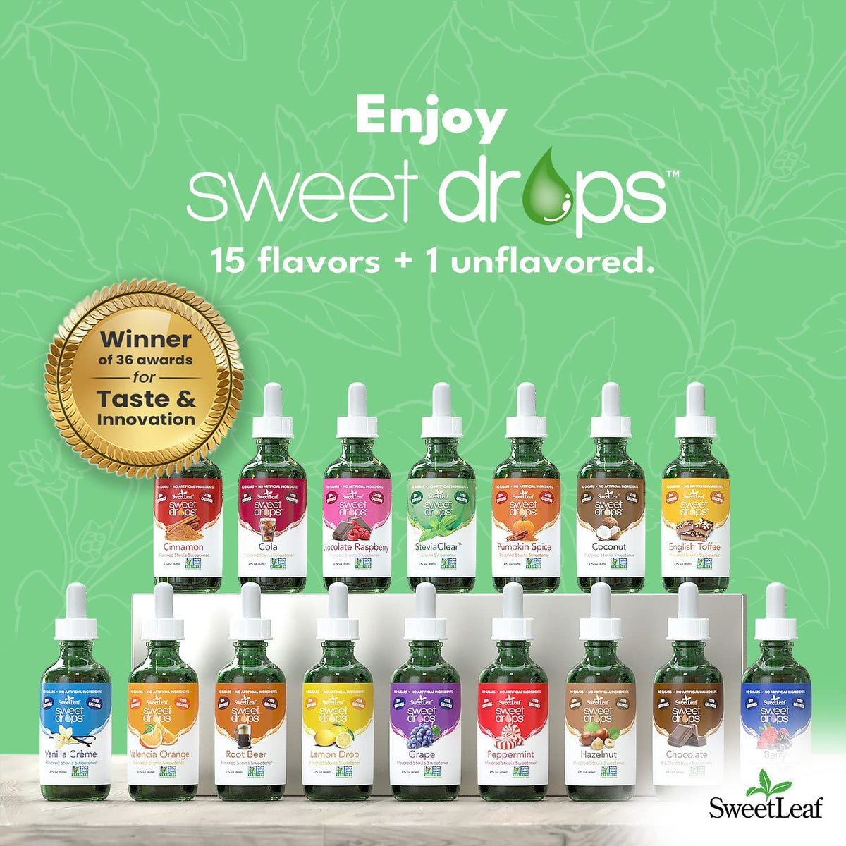 Glass of water with SweetLeaf Hazelnut drops showing zero calories.