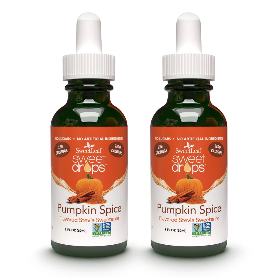 SweetLeaf Pumpkin Spice Sweet Drops bottle close-up showing zero calorie flavoring