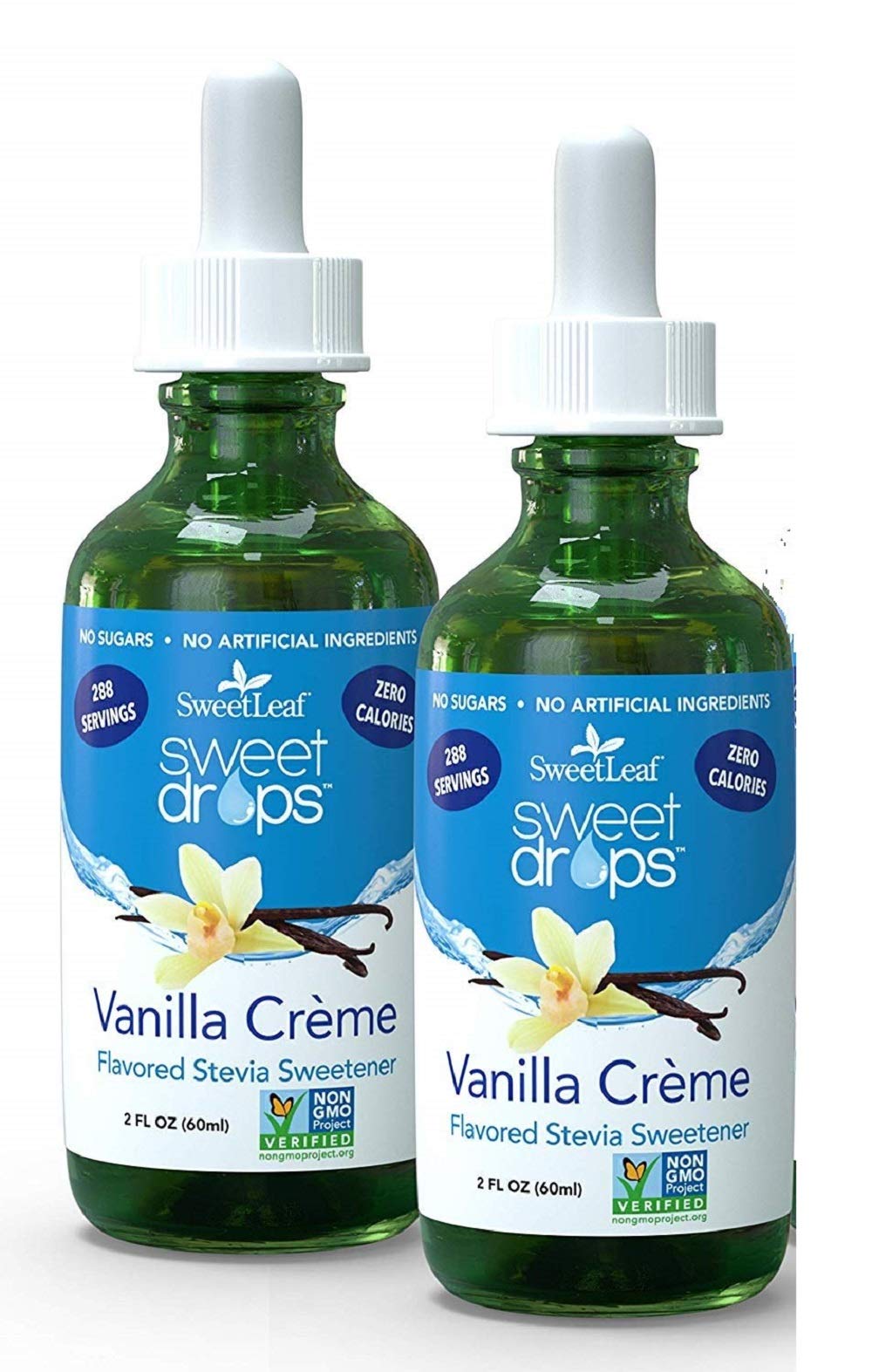 SweetLeaf Sweet Drops Vanilla Creme bottle with dropper, zero-calorie flavor enhancer for coffee and smoothies.