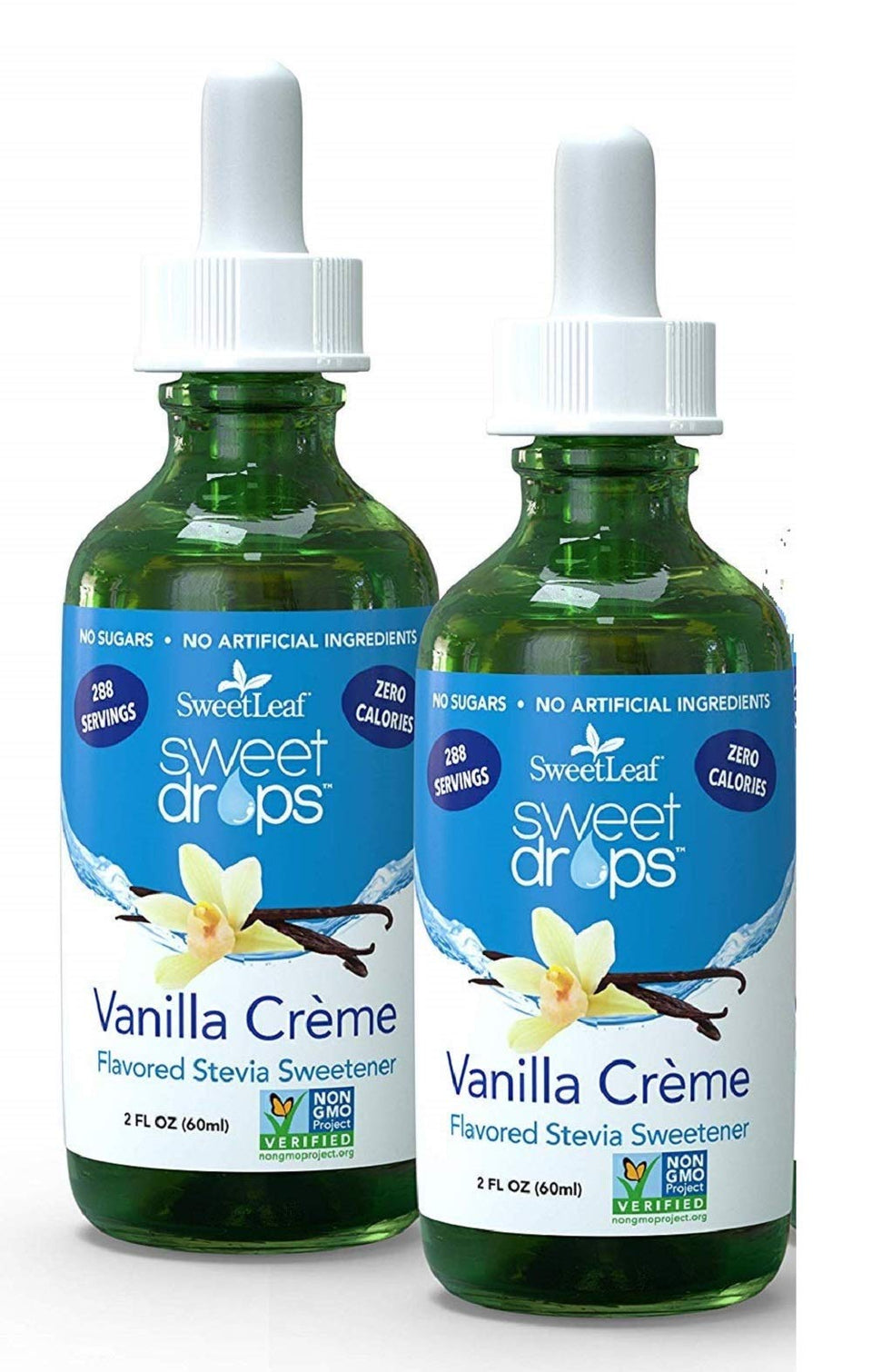 SweetLeaf Sweet Drops Vanilla Creme bottle with dropper, zero-calorie flavor enhancer for coffee and smoothies.
