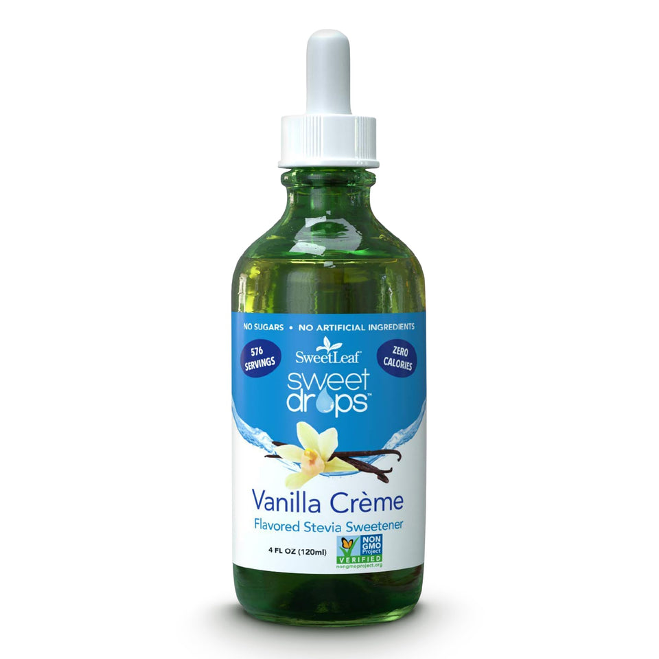 SweetLeaf Vanilla Creme bottle on kitchen counter highlighting zero calories