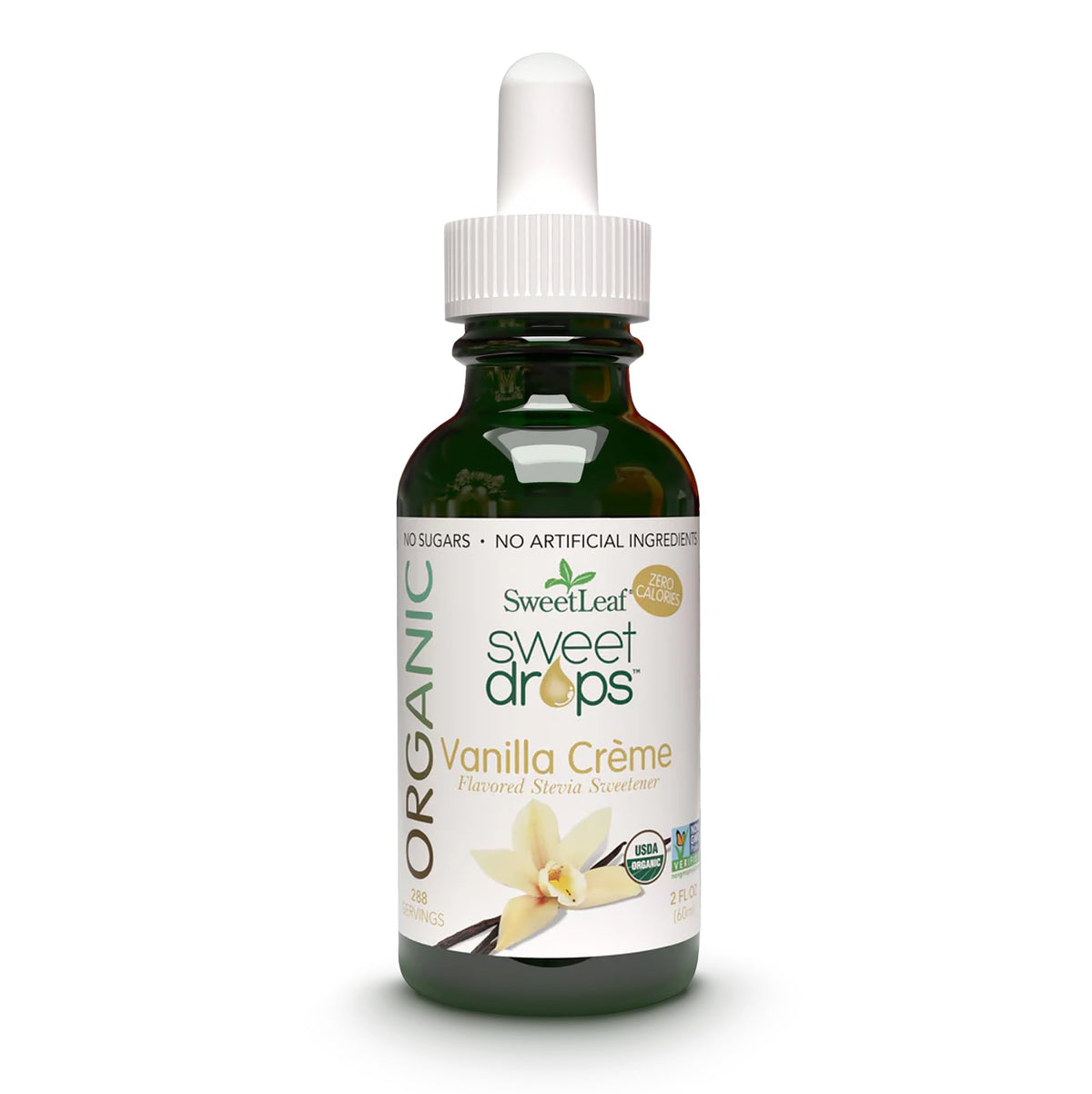 SweetLeaf Vanilla Creme Sweet Drops bottle for zero-calorie flavor in drinks.