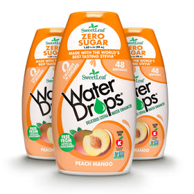SweetLeaf Water Drops Peach Mango bottle for calorie-free hydration on the go.