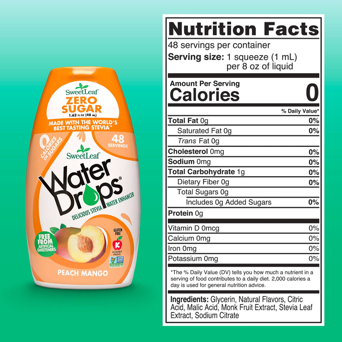Pouring SweetLeaf Peach Mango drops into water for a flavorful, sugar-free refresh.