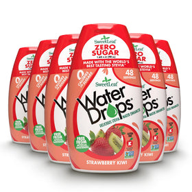 SweetLeaf Water Drops strawberry kiwi bottle shows zero-calorie flavoring for hydration on the go.