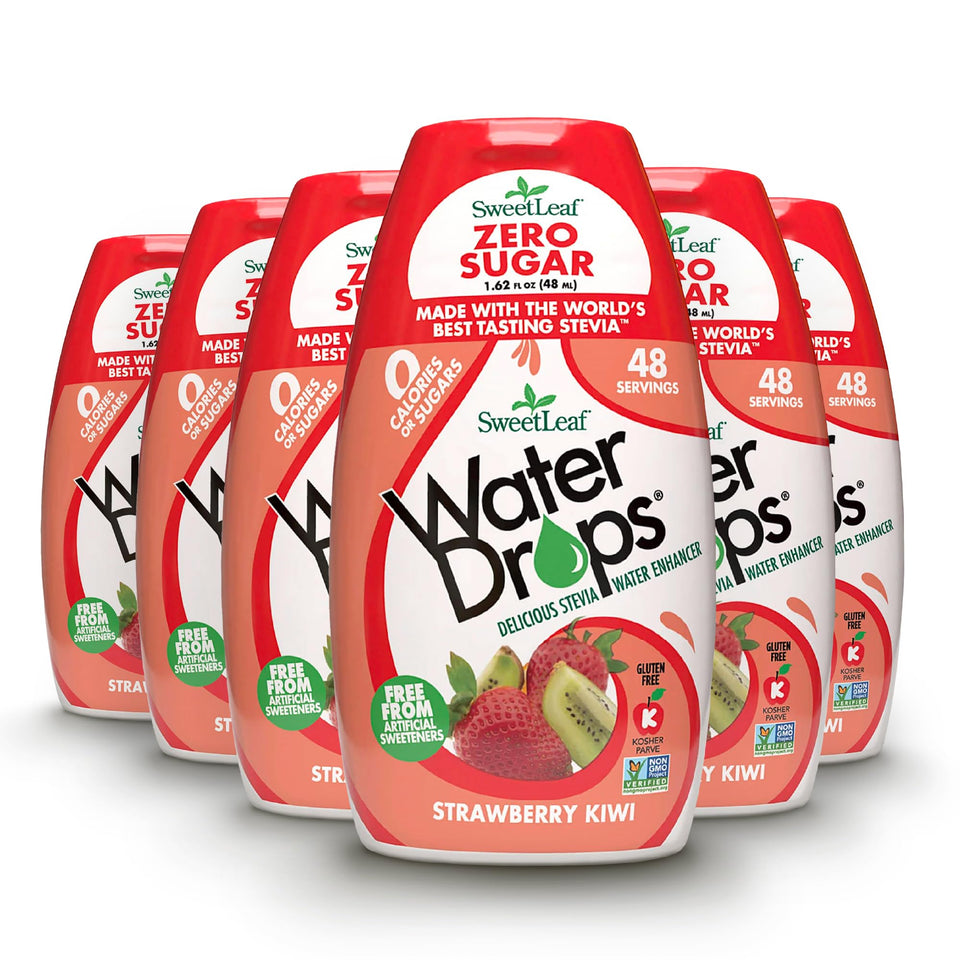 SweetLeaf Water Drops strawberry kiwi bottle shows zero-calorie flavoring for hydration on the go.
